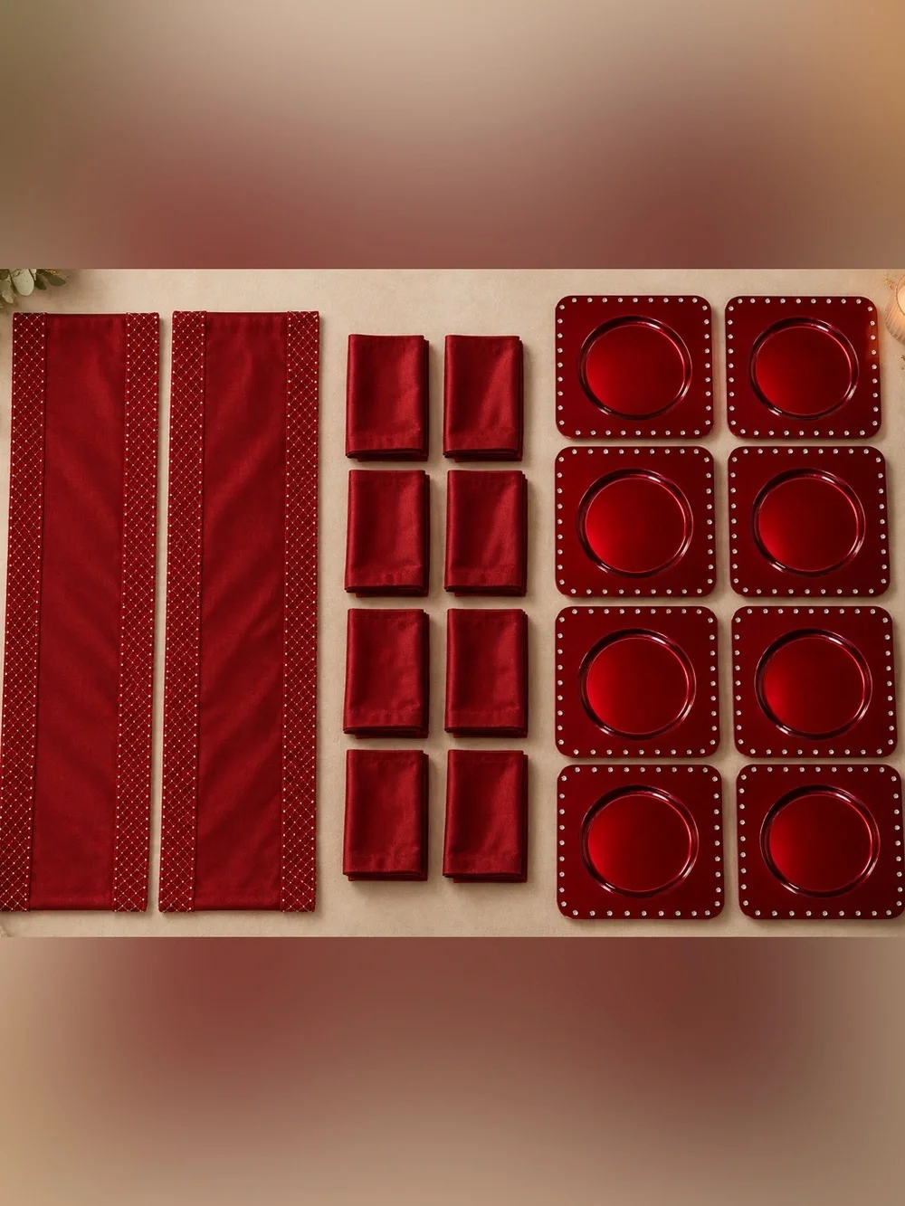 Elegant holiday set. Eight chargers, two runners and seven napkins.